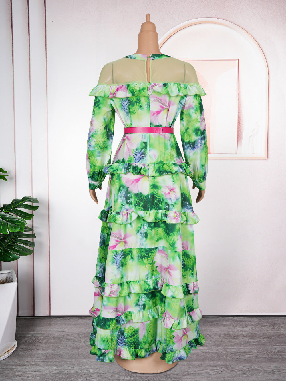 Plus-size African Women ruffled print beaded belt dress 10