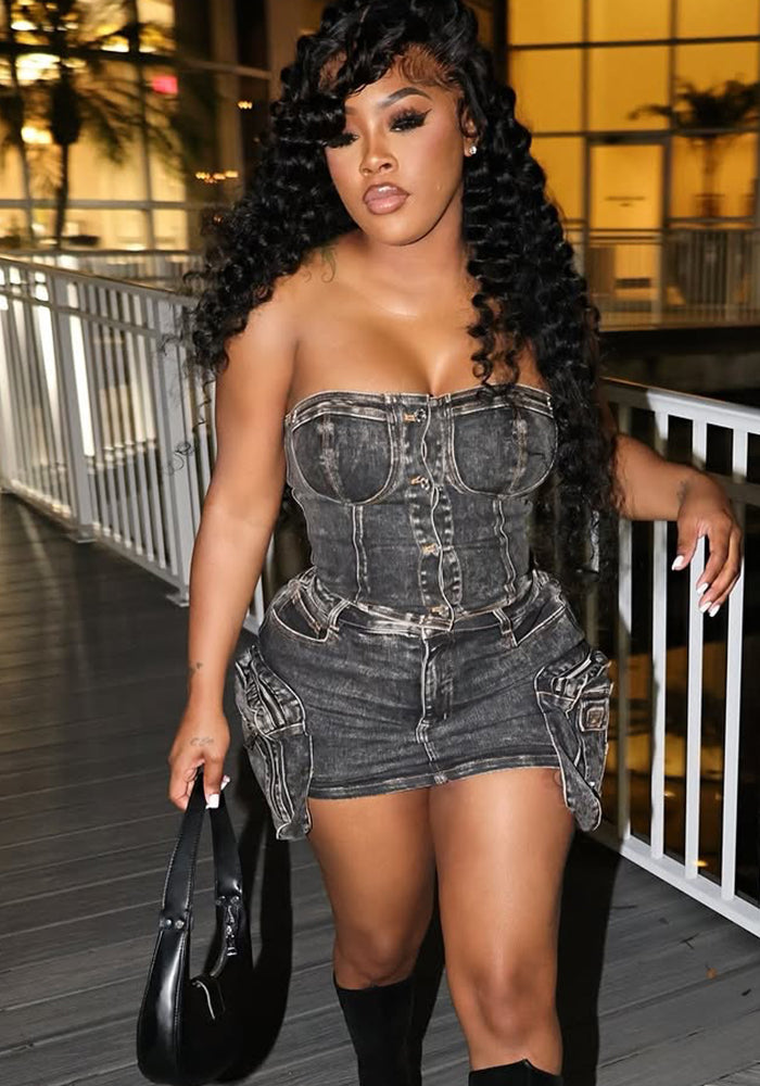 Women retro strapless stretchy top and skirt denim two-piece suit