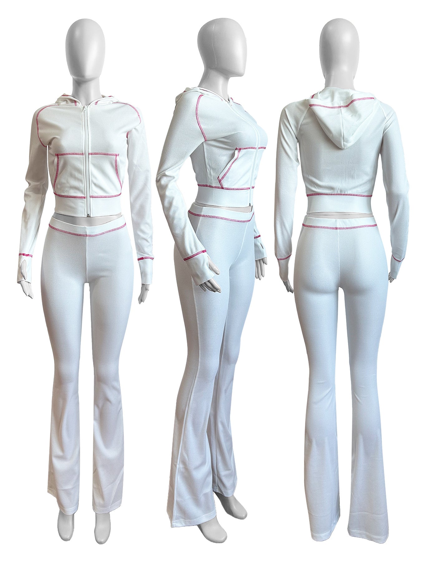 Women's Waffle texture hooded Bell Bottom Casual two piece pants set 11