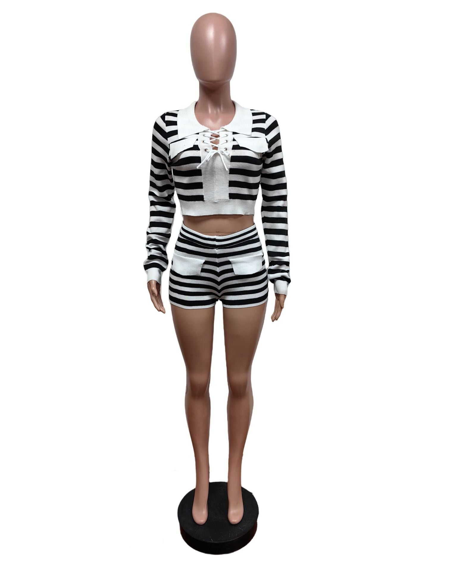 Women Stretchy Striped Lace-up Turndown Collar Long Sleeve Top And Shorts Two-piece Set 4