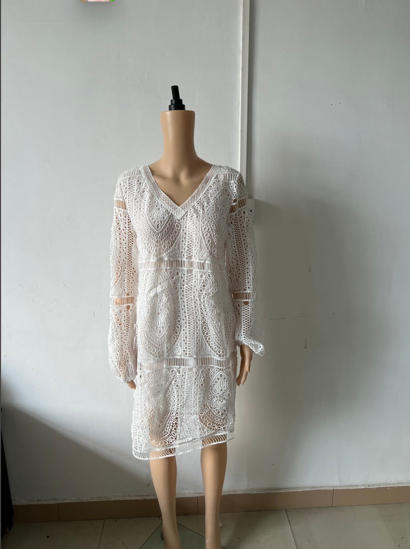 Spring/Summer Women's Lace Long-Sleeved V-Neck Solid Color Chiffon Dress 6