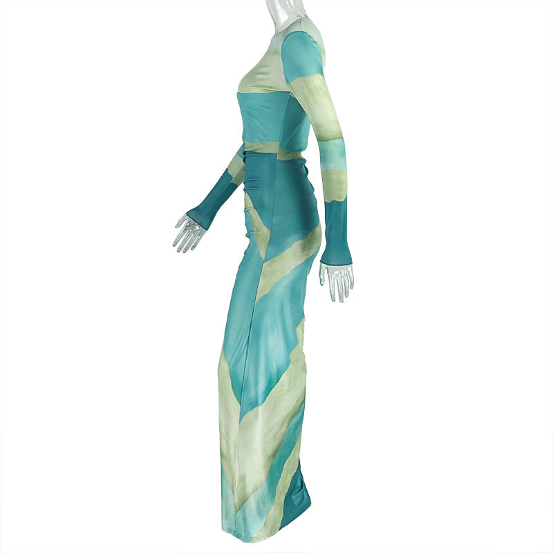 Career Women's Print Pleated Waist Tie Slim Fit Bodycon Round Neck Long-Sleeve Dress 6