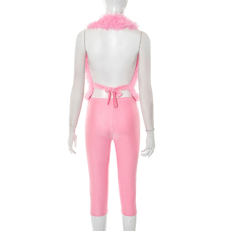 Women's Summer/Fall Halter Neck Low Back Lace-Up Faux Fur Tight Slim Solid Knee-Length Shorts Set 6