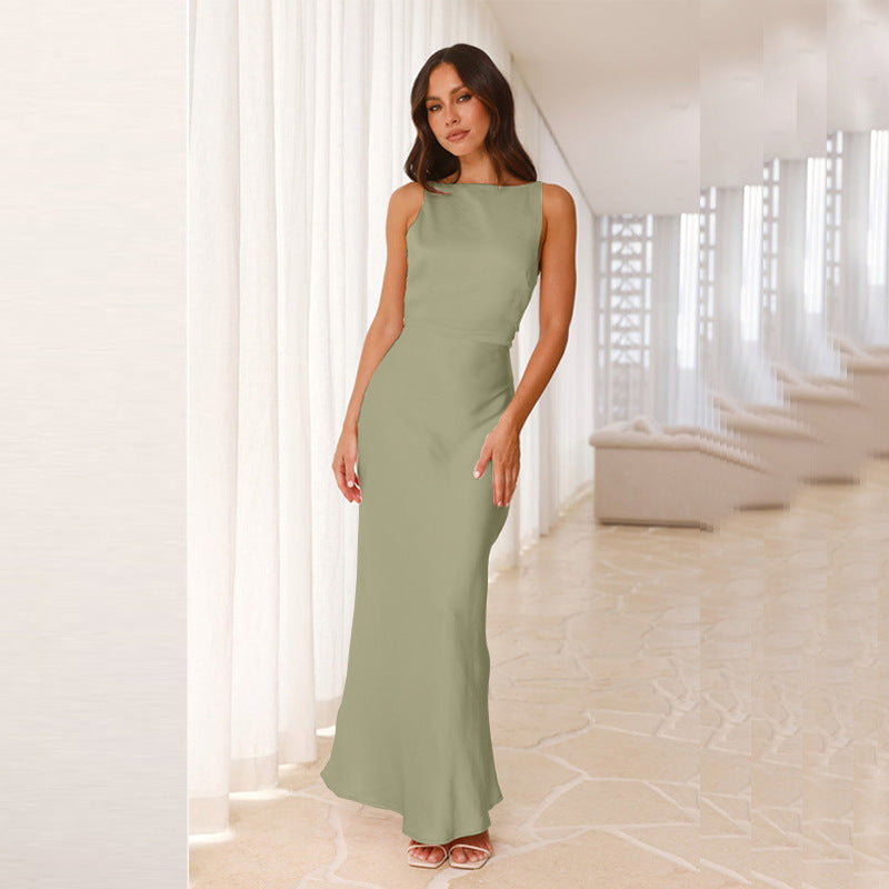 Women Solid Satin Sexy Backless Strap Fishtail Dress 5