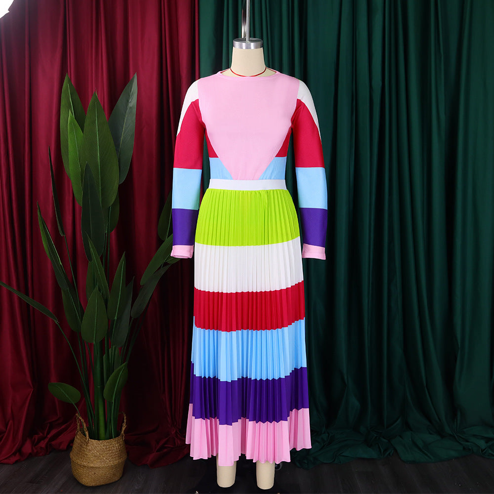 Women Autumn Pleated Print Contrast Color Long-sleeved Top and Skirt Two-Piece Set 26