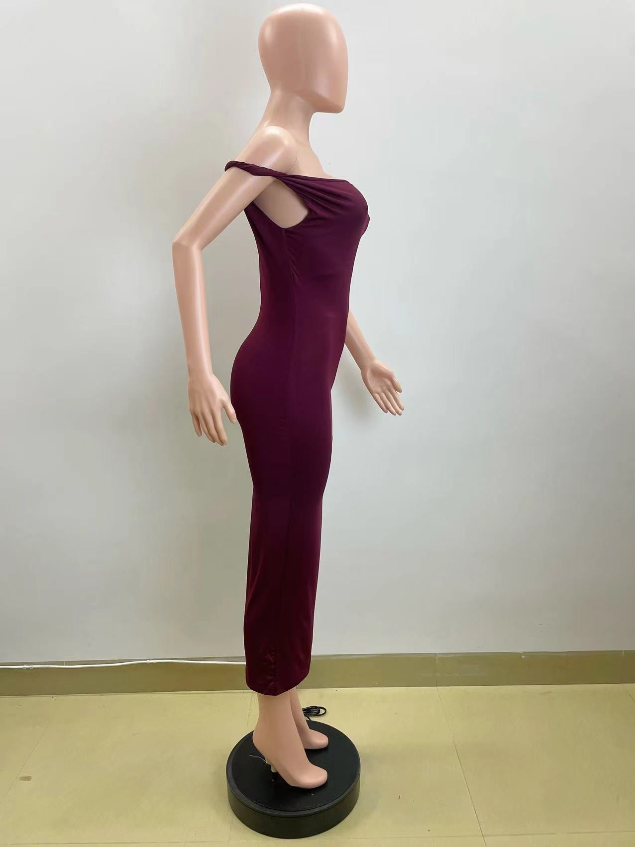 Women Summer Slash Shoulder Pleated Bodycon Dress 5