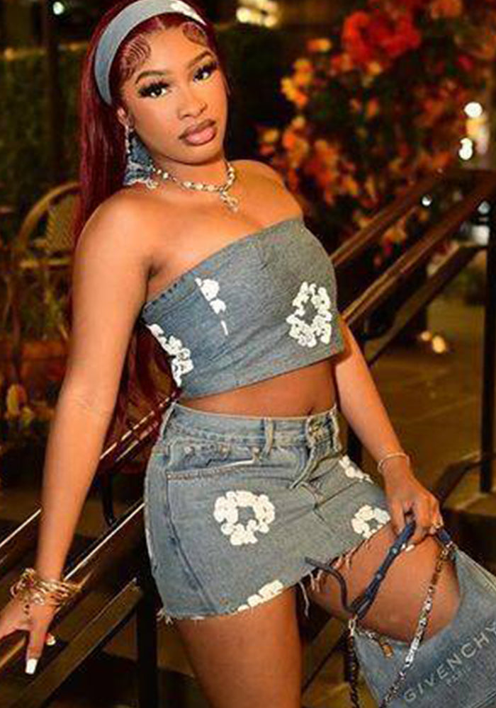 Printed Strapless Elastic Denim Skirt Set