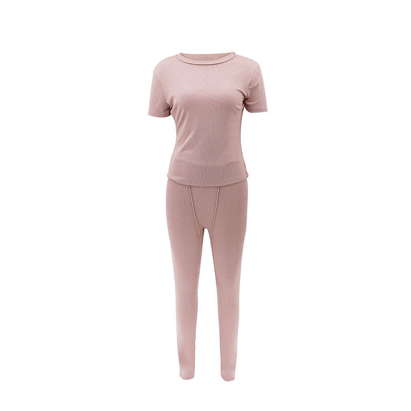 Casual Fashion Pink Short Sleeve T-shirt Tight Fitting Pants Two-piece Women's Set 3