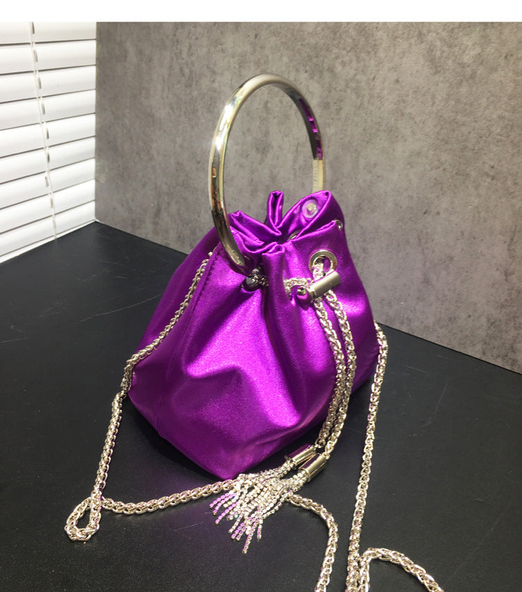 Women's Dinner Bag Flash Diamond Tassel Drawstring Satin Handheld Mini Bucket Bag Chain Messenger Bag 7