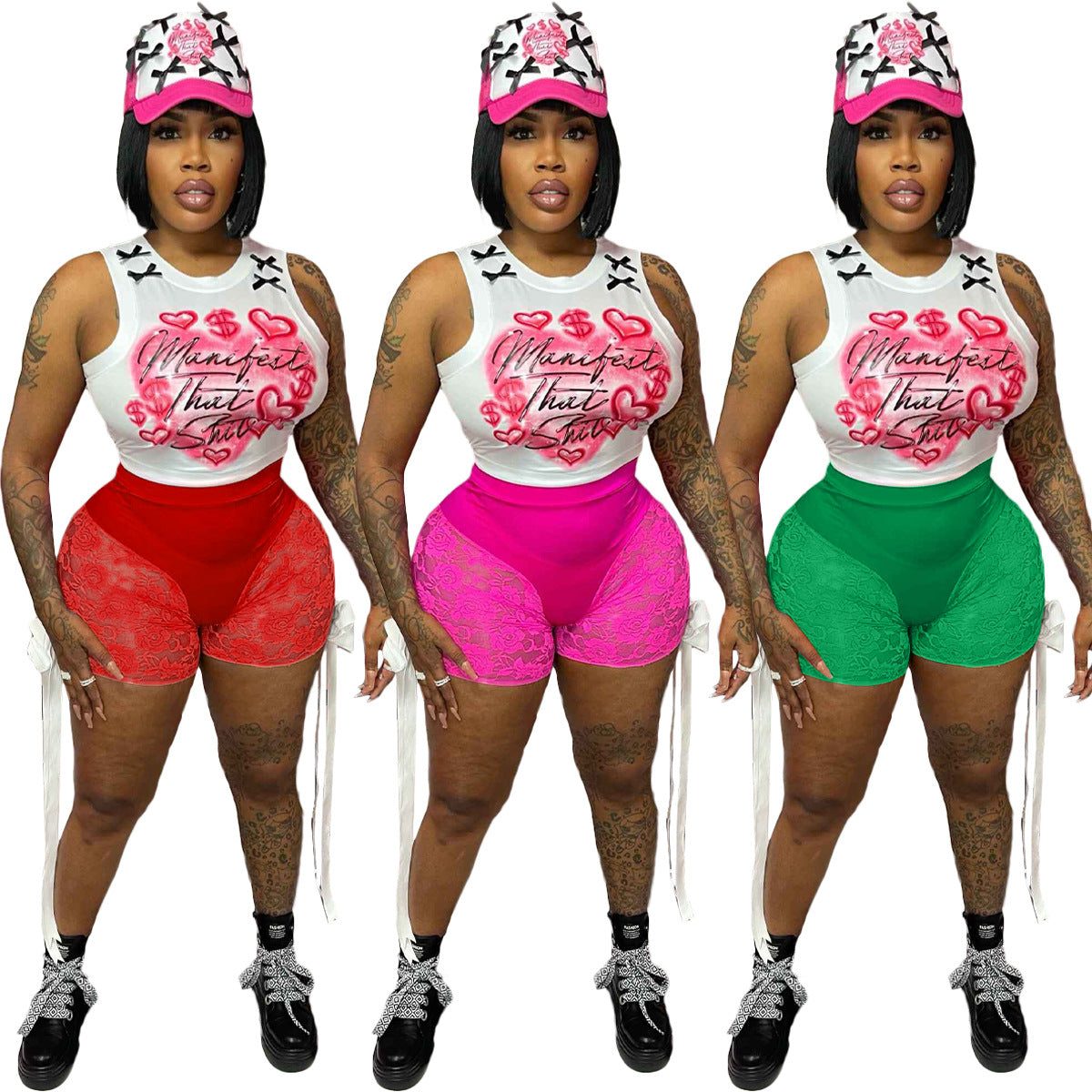 Women's sexy Lace See-Through bow shorts sleeveless vest two-piece set 10