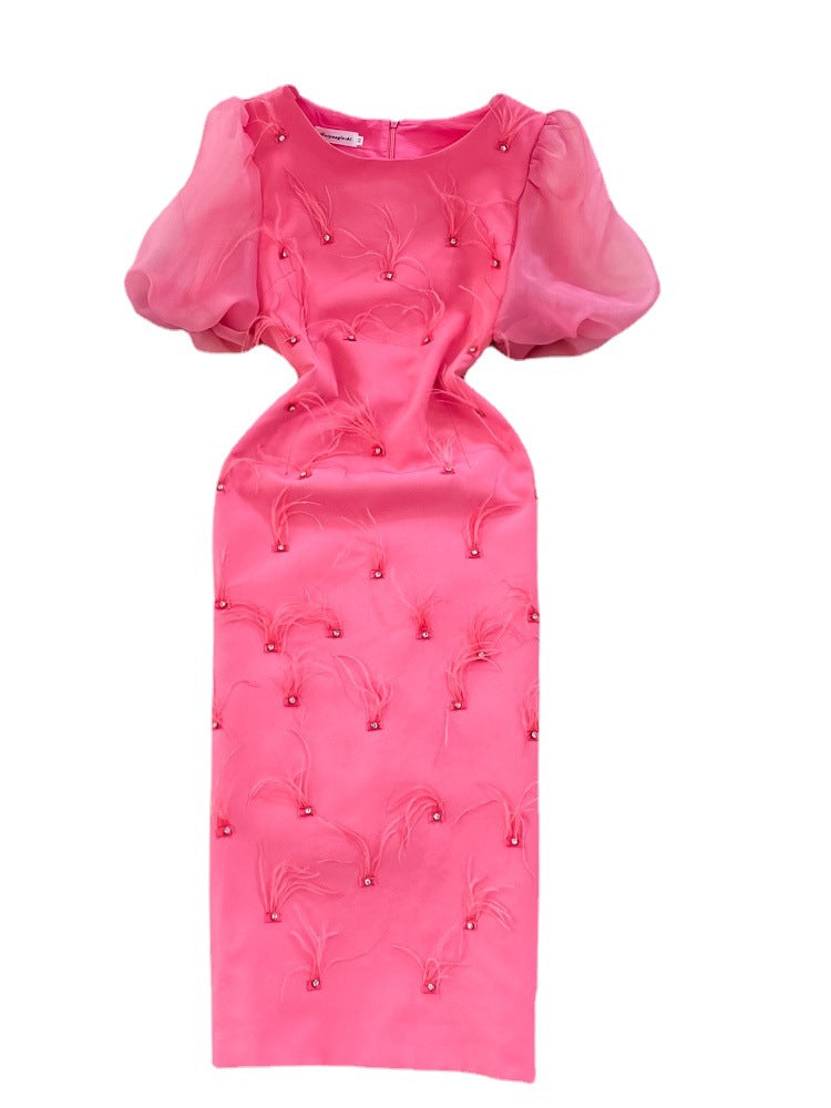 Luxury Chic Puff Sleeve Round Neck Slim Waist Slim Fit Tassel Bodycon Dress 7