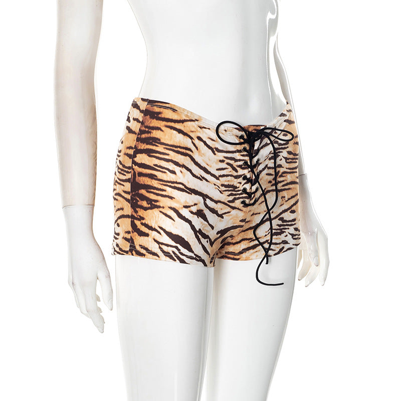 Women's clothing sexy tiger print Lace-up Tight Fitting shorts 6