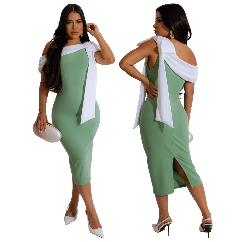 Women Off Shoulder Tie Solid Slit Sleeveless Dress 4