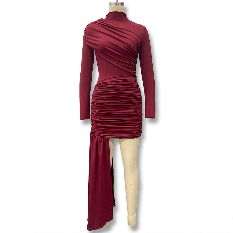 Women's Autumn Fashion Slim Fit Round Neck Long Sleeve Shirred Bodycon Irregular Ribbon Dress 15