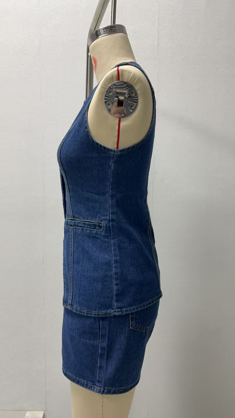 Spring Summer fashion sleeveless Slim Waist high waist loose Denim Shorts set 5