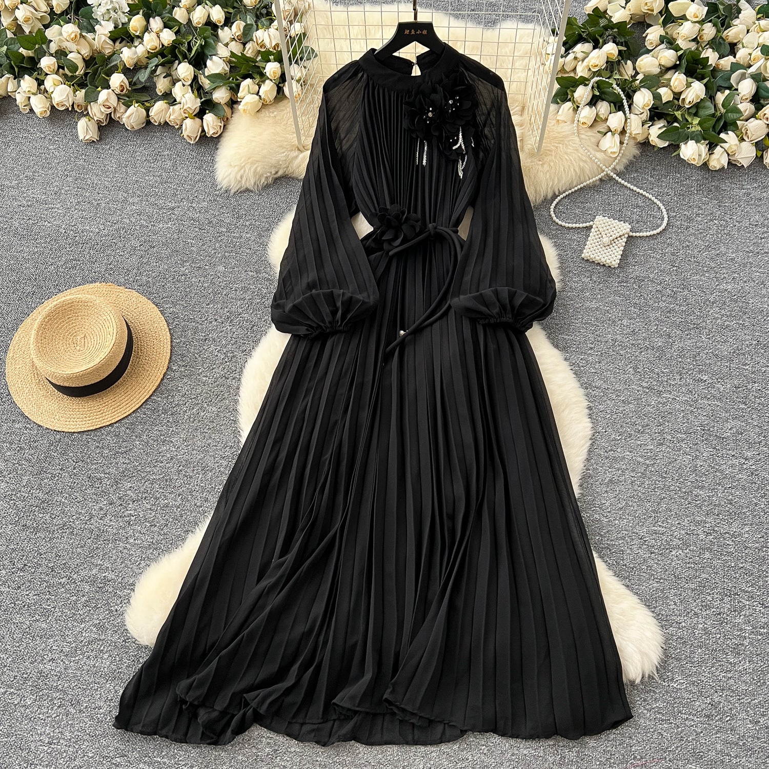 Elegant Women's Luxury Beaded Flower Belt Slim Waist Pleated Long Dress 7