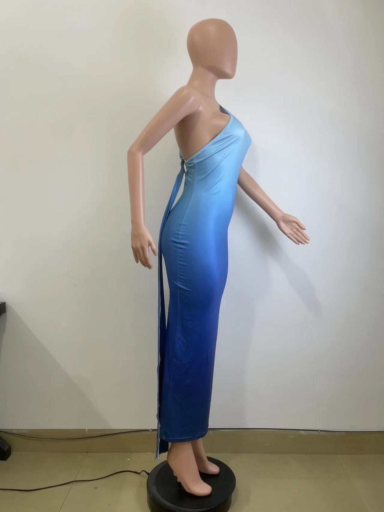 Women's Summer Sleeveless Slash Shoulder Gradient Color Sexy Slim Long Dress 7