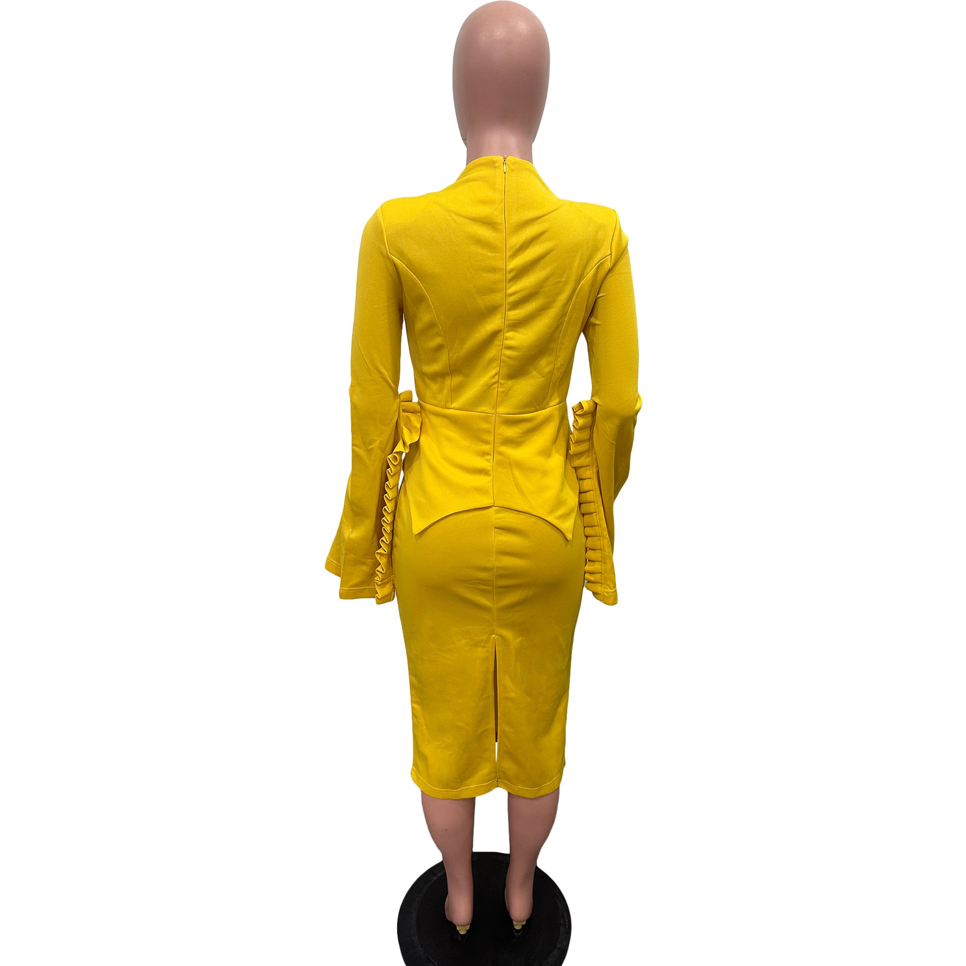 Women Solid Pleated Swing Sleeve V-Neck Dress 10