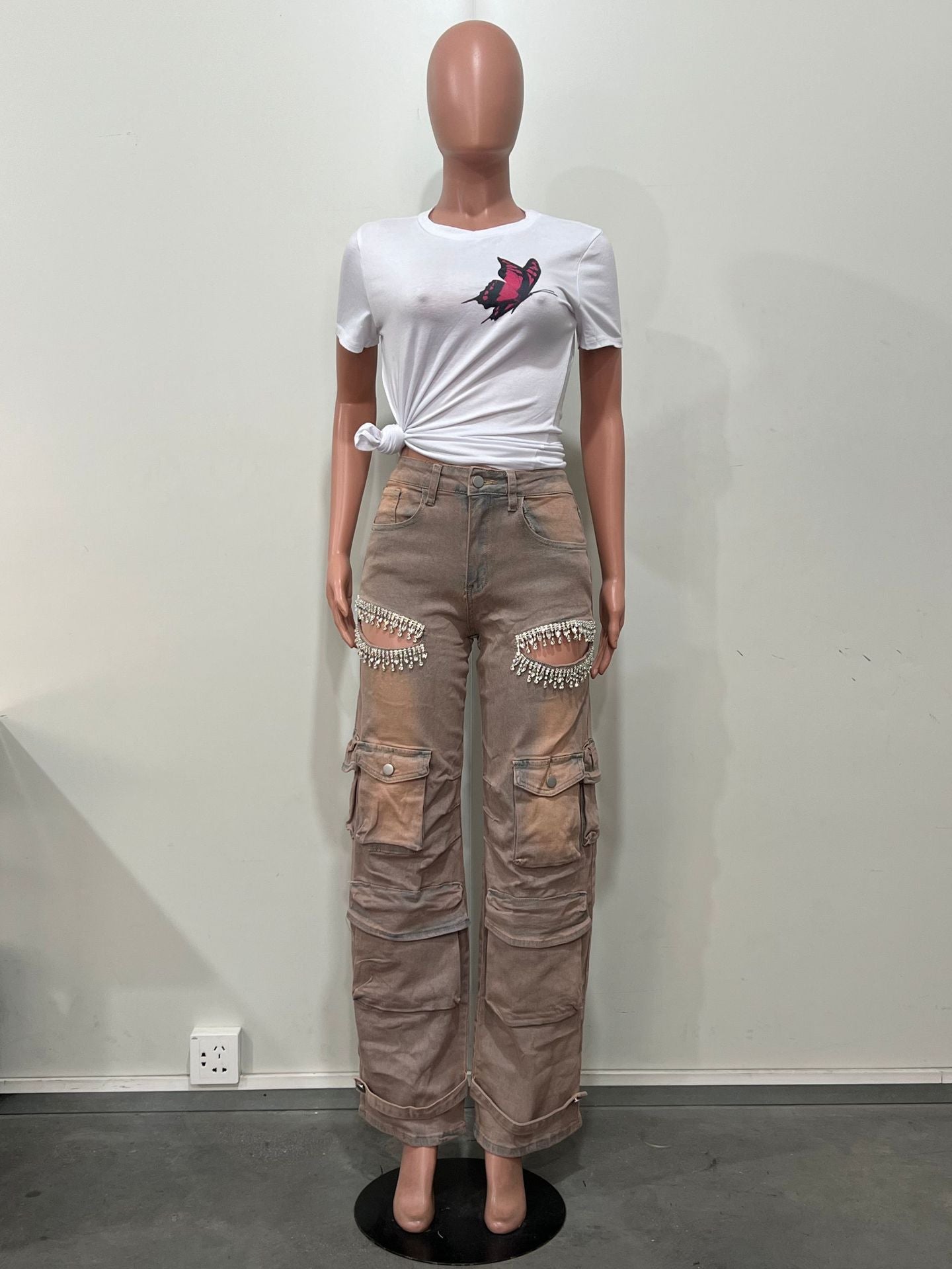 Fashionable Women's Multi-Pocket Cut Out Diamond Denim Pants 19