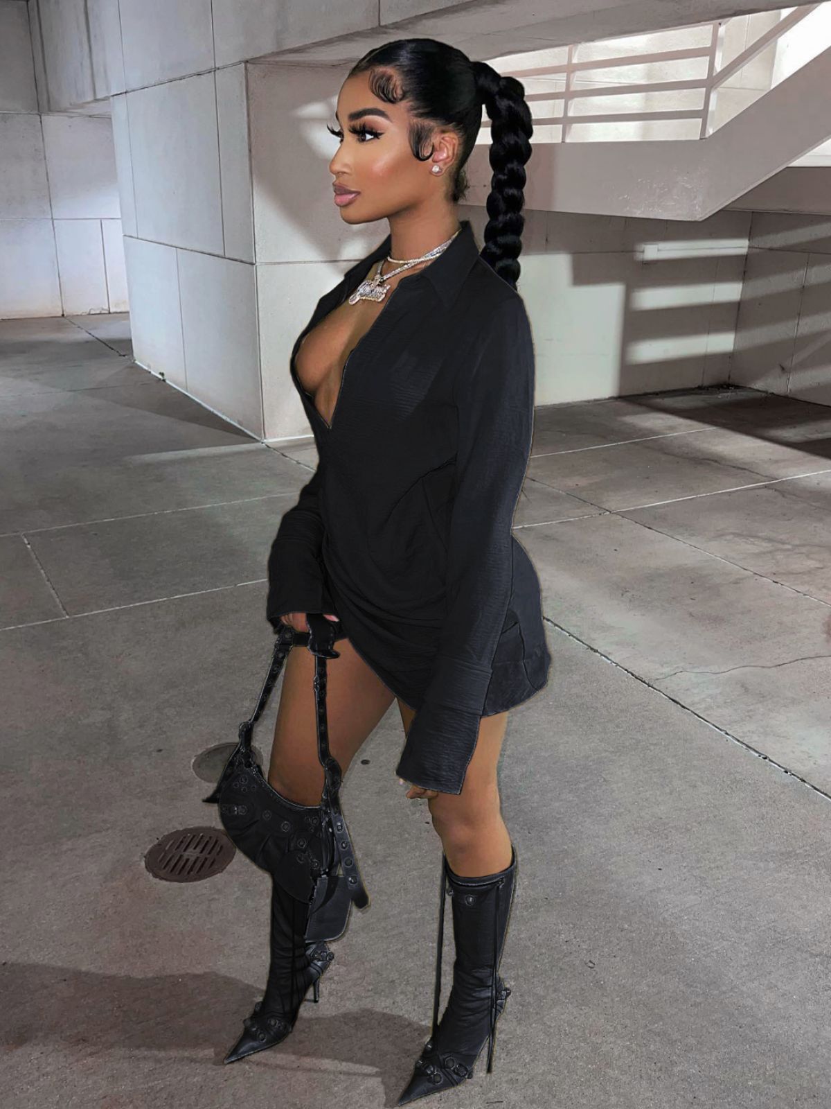 Fall Women Sexy Pleated Crossover Shirt Dress 7