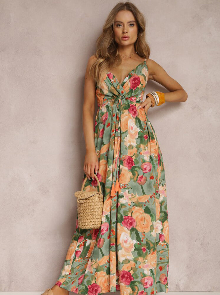 Spring Summer Women's Fashion Printed Sexy Strap Deep V Neck Low Back Long Dress 5