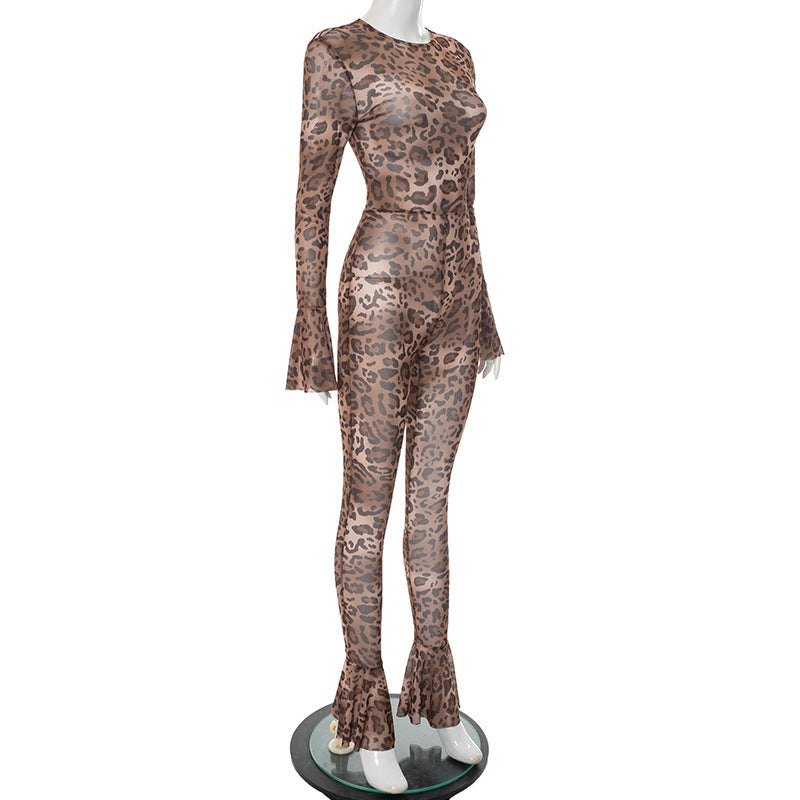 Women's Spring-Summer Leopard Mesh Bell Sleeve See-Through Jumpsuit 8