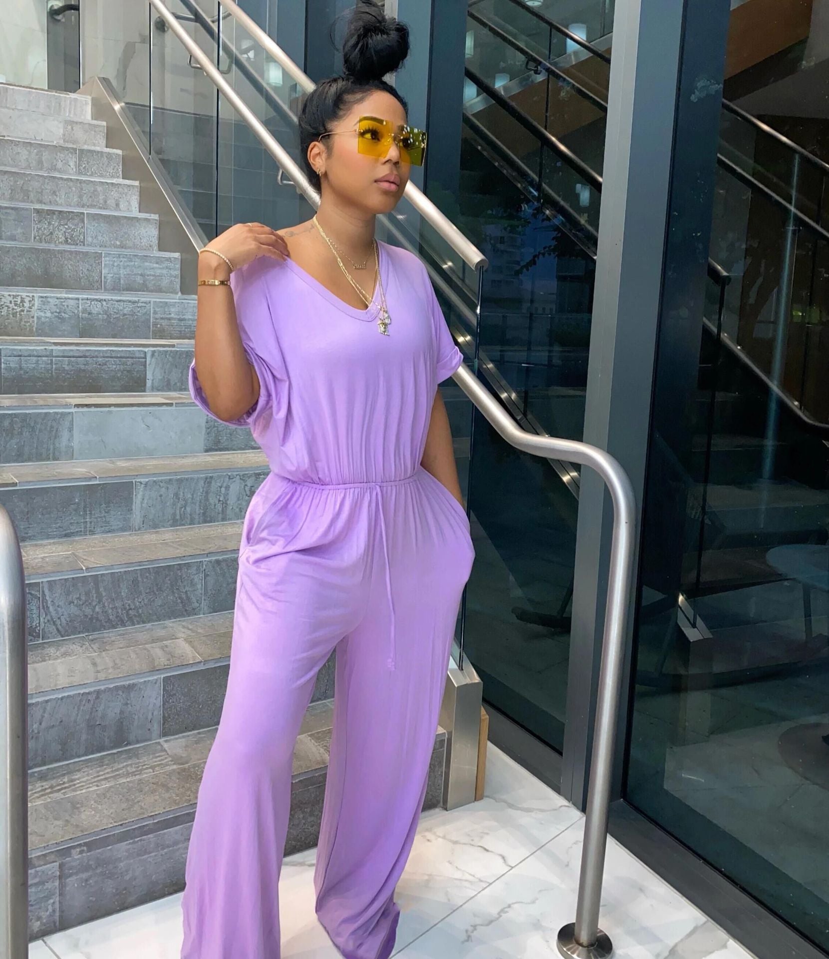 Sexy Women's Loose Casual Solid Color V-Neck Women's Jumpsuit 13