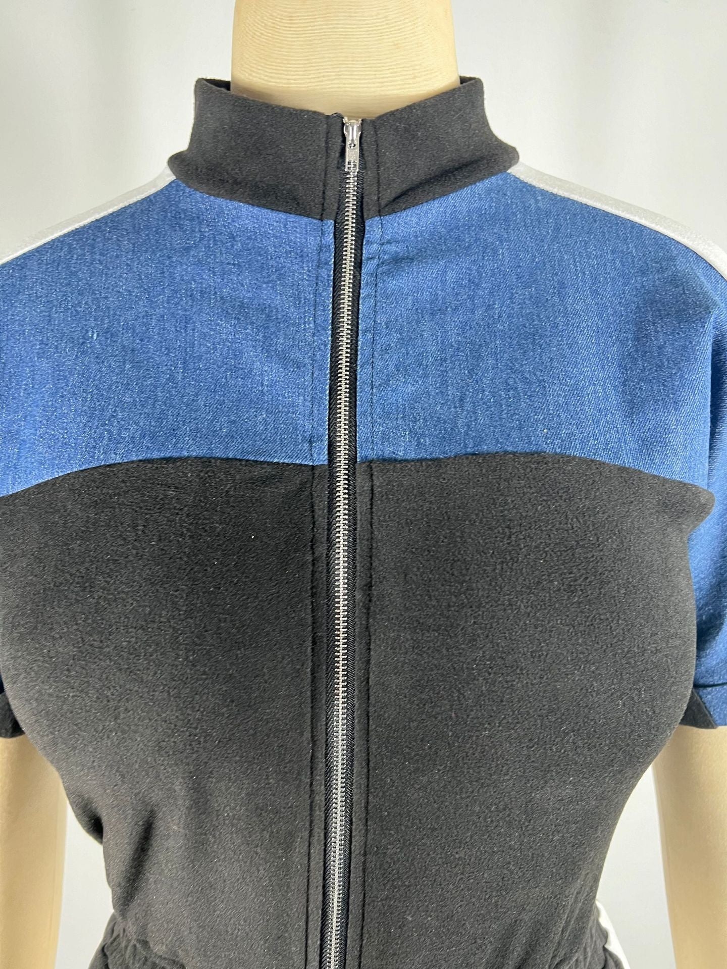 Women's Denim Patchwork Color-Block Stand Collar Short Sleeve Long Zip Jumpsuit 9