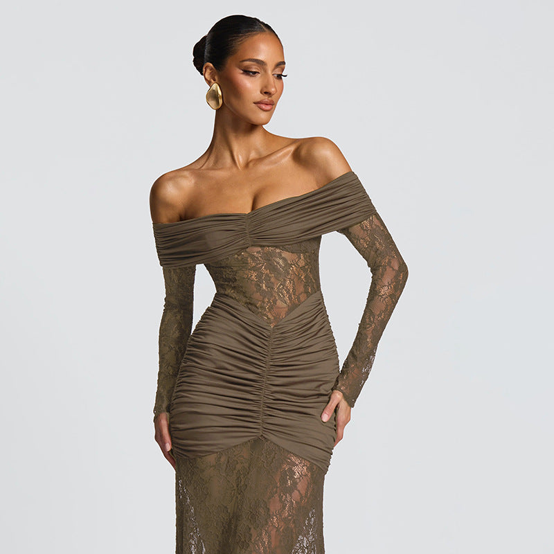 Women's Chic Lace Patchwork Off-Shoulder Slit Long Sleeve Ruffle Maxi Dress 5