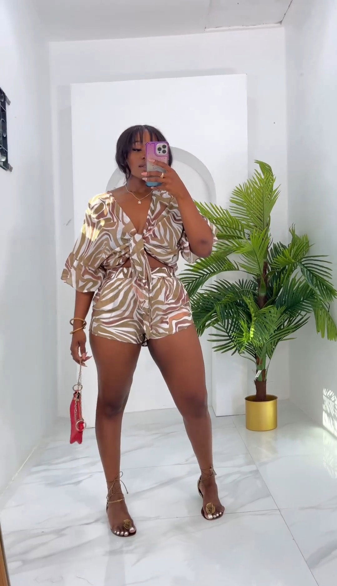 Printed Lace-Up Bat Sleeves Loose Two-Piece Shorts Set 3