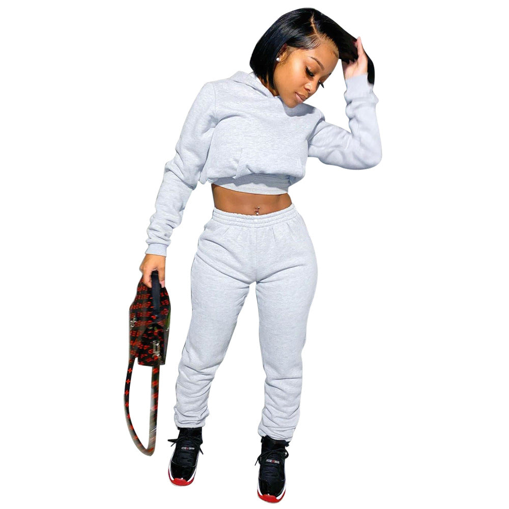 Women Fall/Winter Solid Hoodies and Pant Sport Two-Piece Set 11