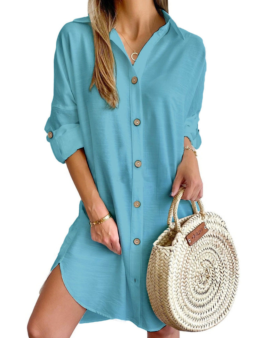 Autumn Casual Long Sleeve Turndown Collar Button Shirt Dress For Women 11