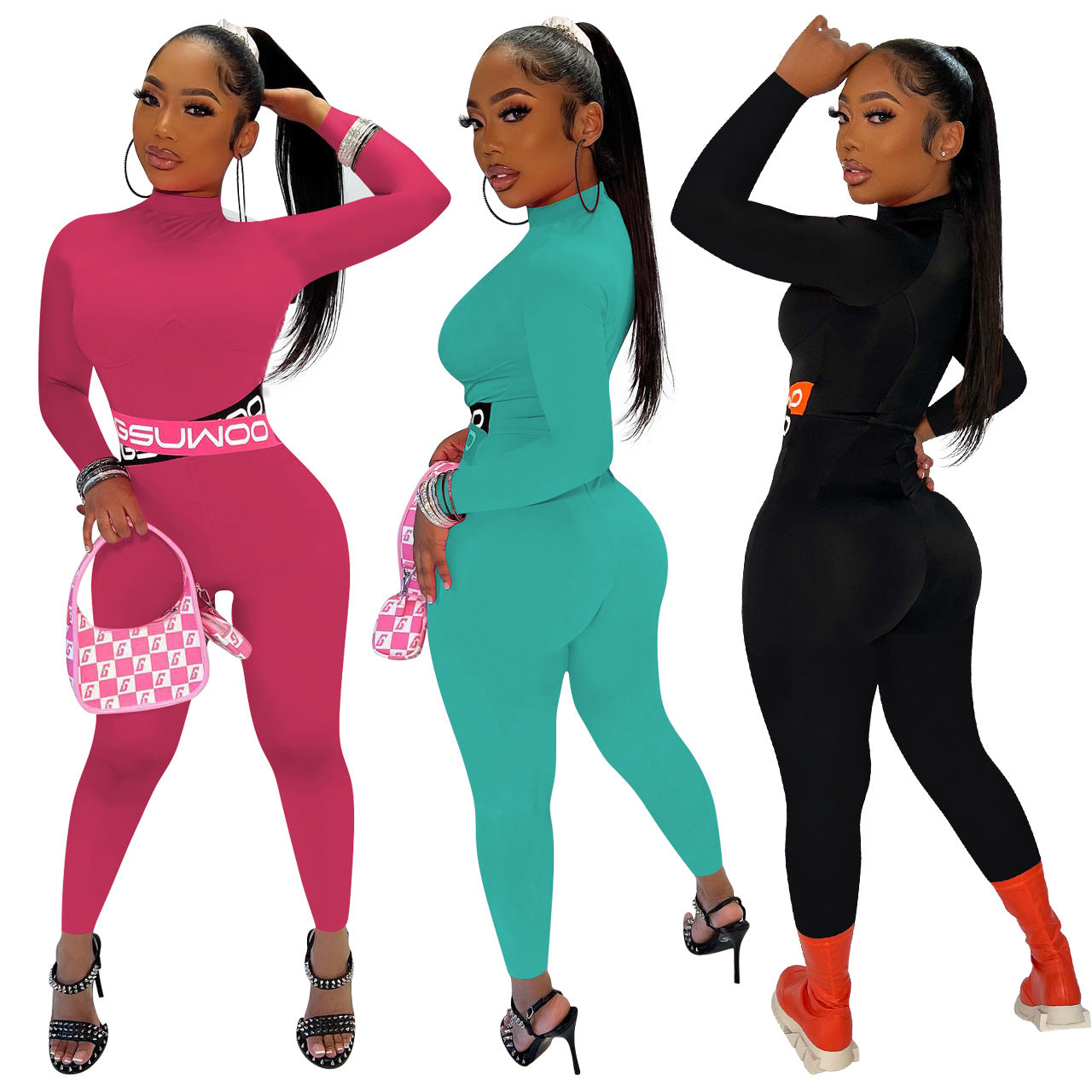 Women Sexy Letter Print Solid Color Long Sleeve Jumpsuit 5