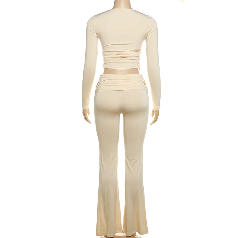 Autumn Fashion Solid Color Casual Square Neck Long-Sleeved Slim Two Piece Pants Set 7