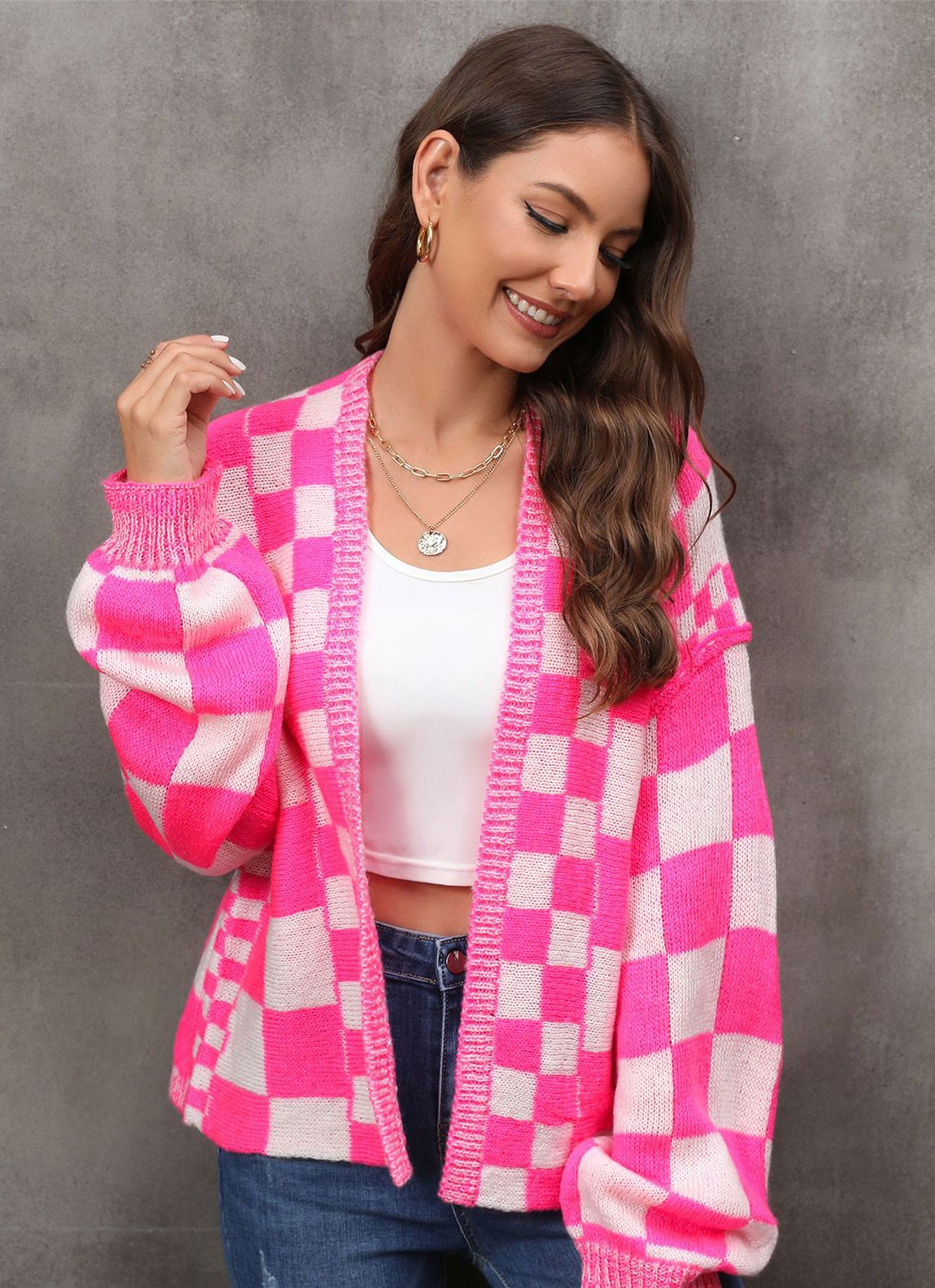 Winter fashion plaid cardigan Plus Size coat knitting cardigan coat 4