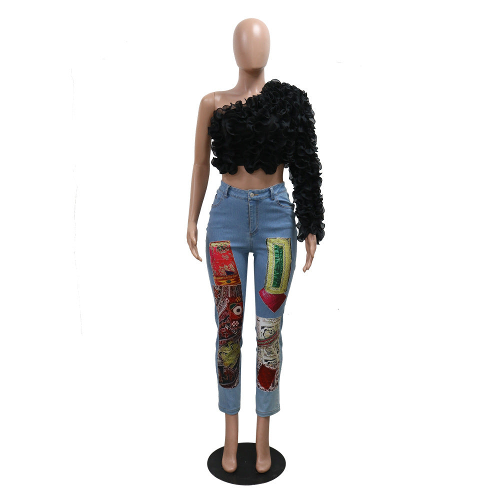 Fashion Solid Color Slash Shoulder Ruffled Top For Women 10