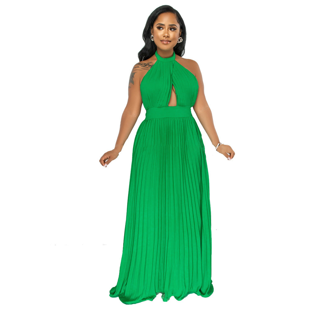 Sexy Halter Low Back Straps Solid Color Chiffon Pleated Dress 7