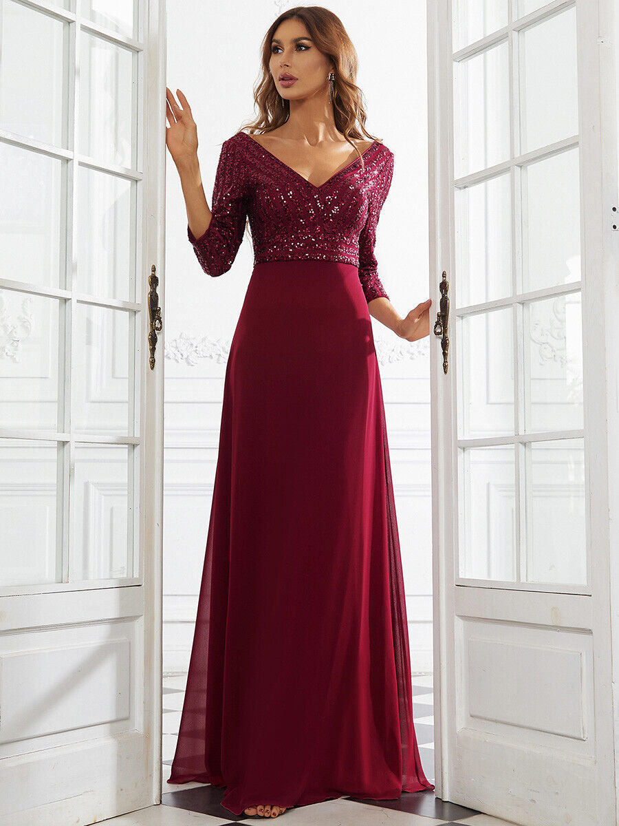 Women chiffon V-neck sequin Patchwork long-sleeved Evening dress 11