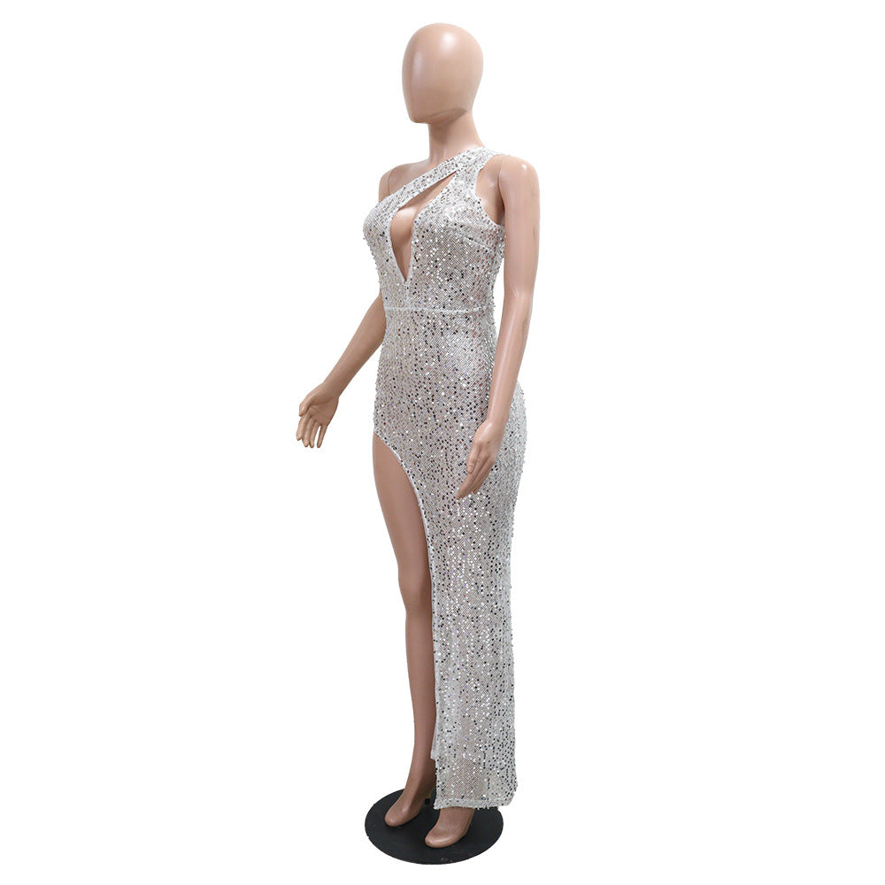 Women Sequin V Neck Halter Neck Sexy Backless Bodycon Maxi Dress 10