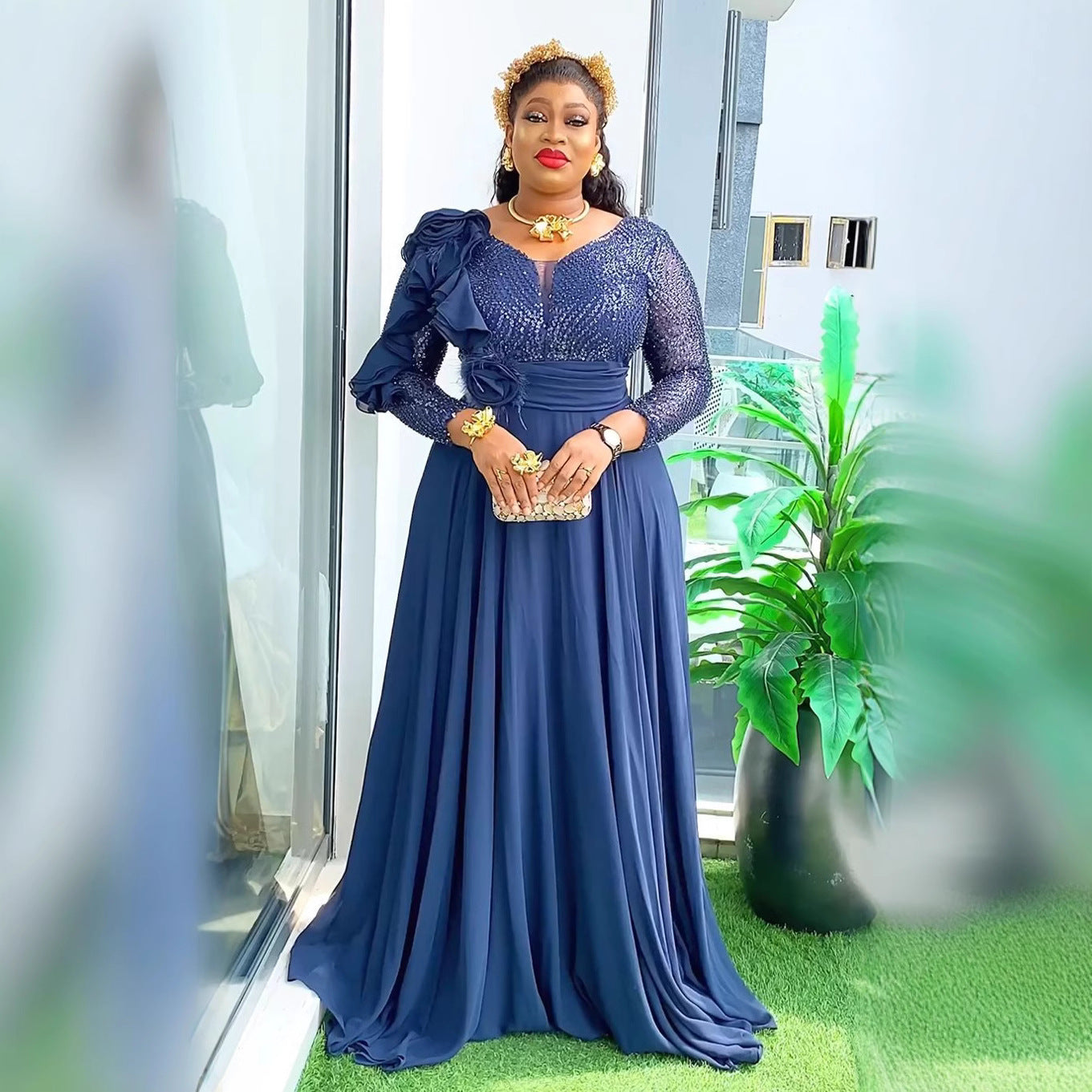 African Women's Clothing Plus Size Sequin Chiffon Flower Long Dress 3