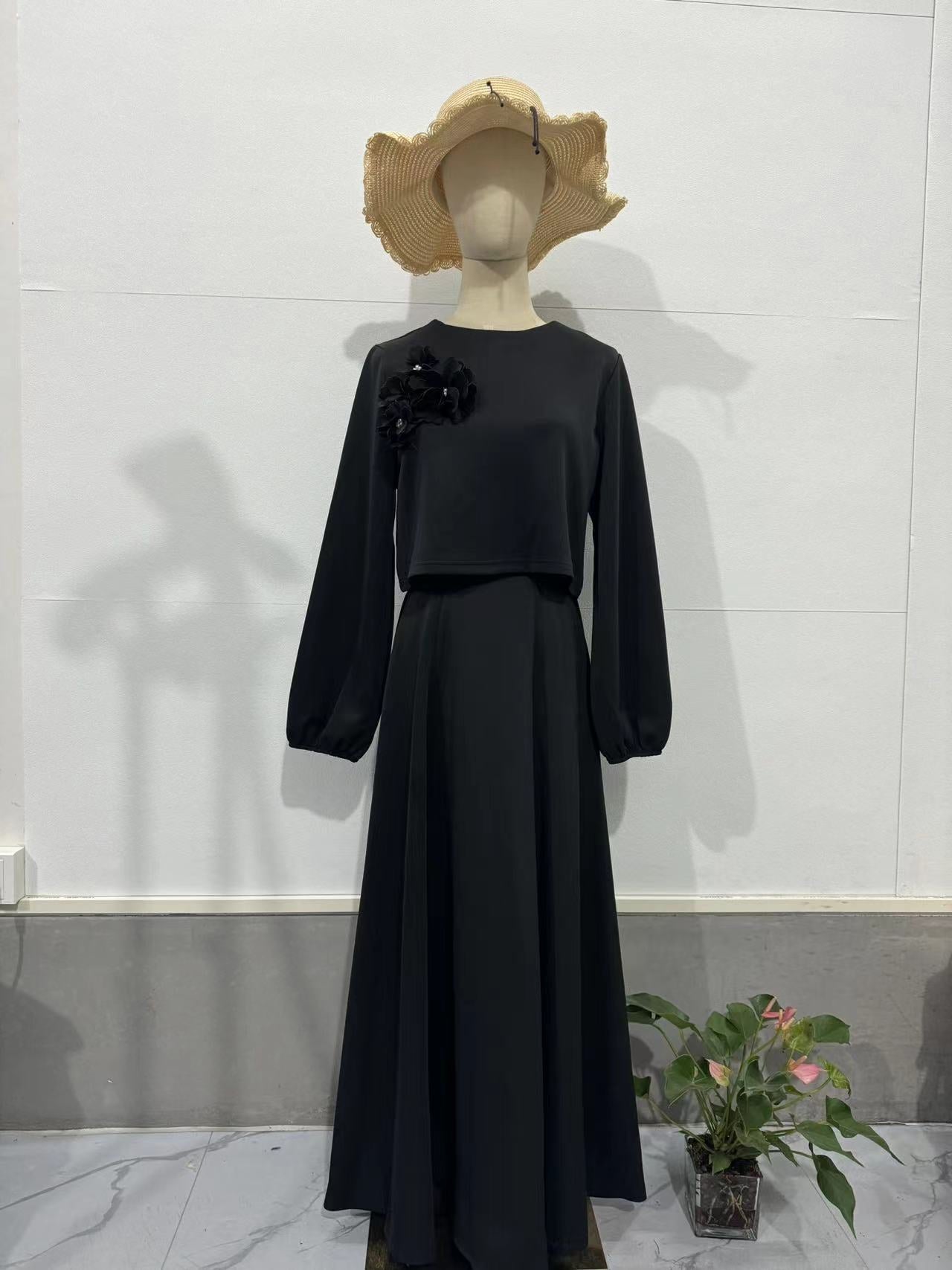 Spring Dubai Floral Lantern Sleeve Loose Dress Women's Skirt Two-Piece Set 15