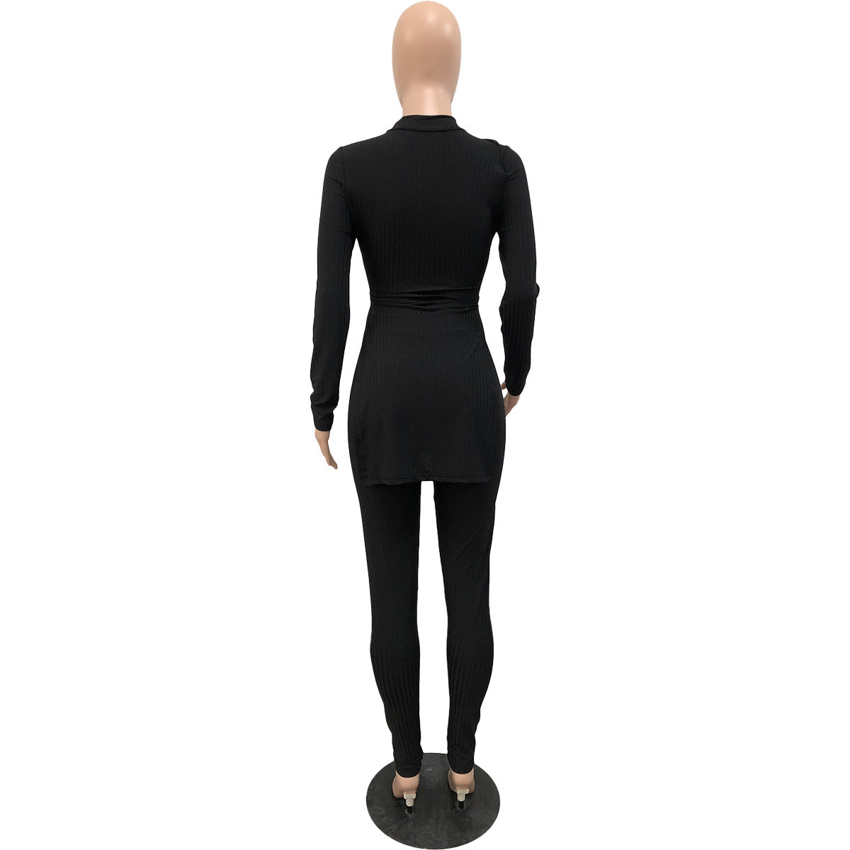 Women Ribbed Lace-Up Round Neck Long Sleeve Top and Pant Two Piece 9