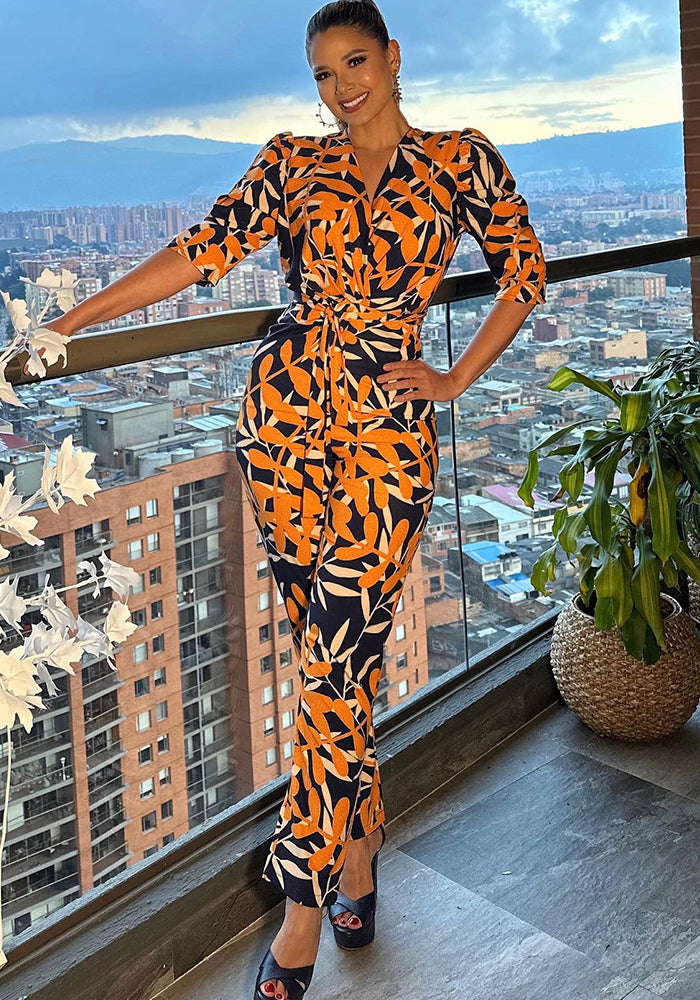 Women V Neck Puff Sleeve Chic Tie Casual Jumpsuit