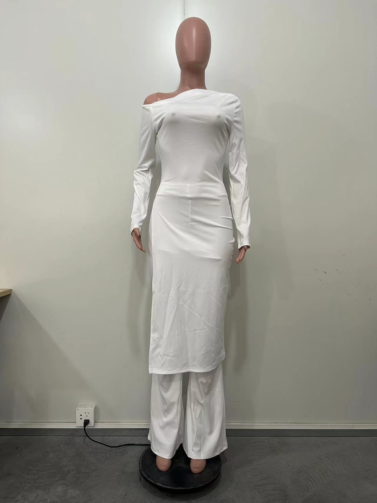 Women Solid Long Sleeve Slit Top and Pant Two Piece Set 9