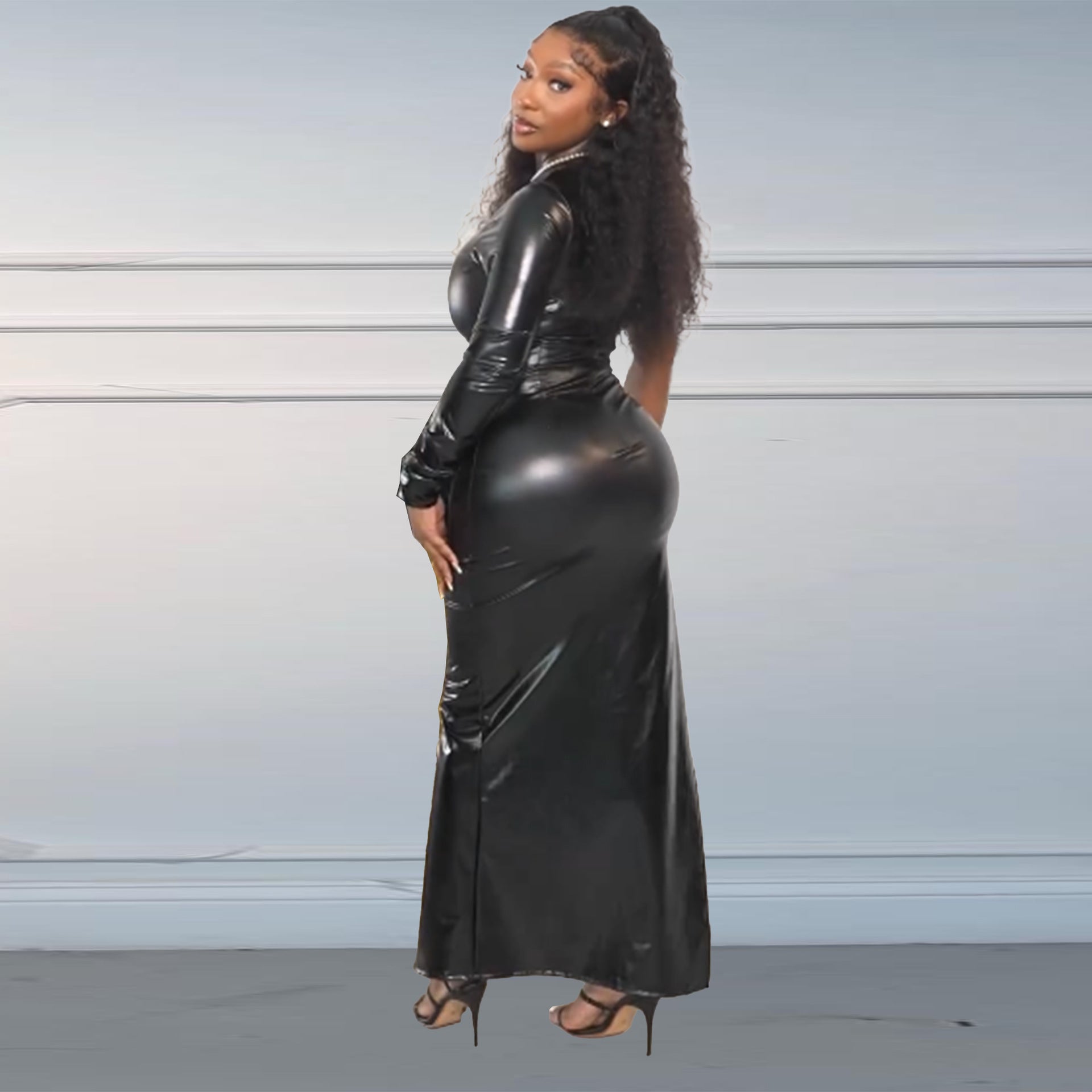 Sexy Slim Fit Tight Fitting Slit One Sleeve Leather Dress 5