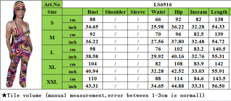 Women's Summer Sleeveless Straps Painted Print Low Back Long Jumpsuit With Bandana 8