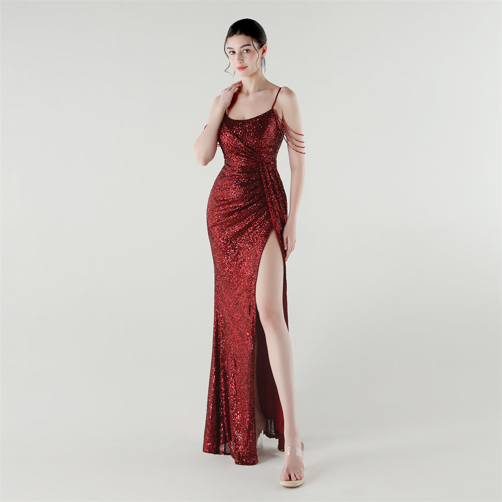 Sexy Low Back Fishtail Sequin Evening Dress Beaded Slim Dinner Gown 24