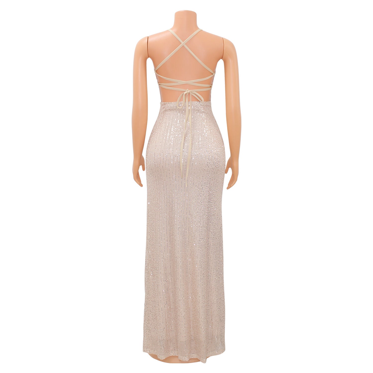 Women Fashion Sexy Low Back Lace-Up Sequin Slit Evening Dress 8