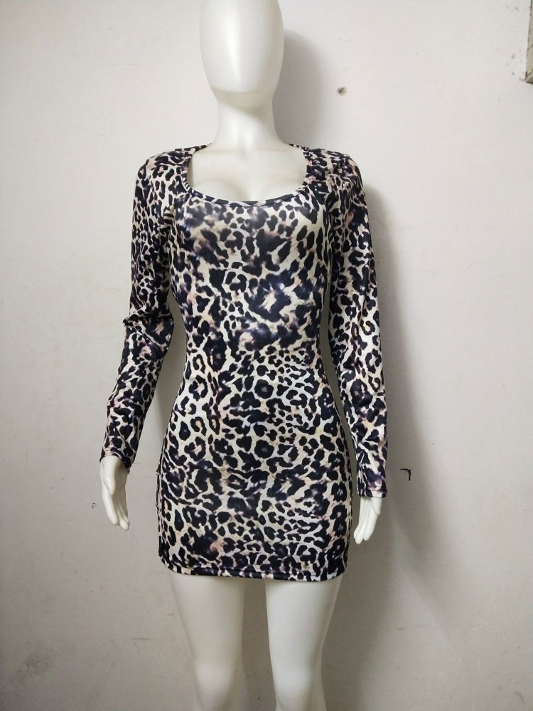 Women Spring Printed Sexy O-Neck Long Sleeve Leopard Print Lace Up Mini Sheath Club Dress 3
