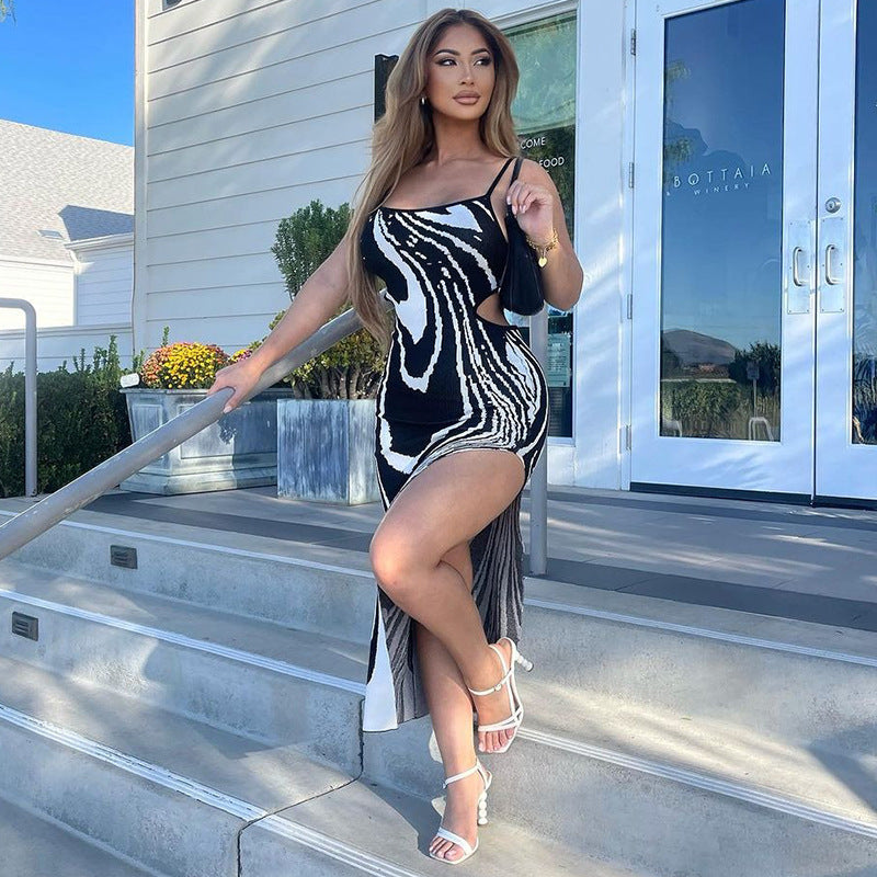 Women Casual Printed Sexy Backless Hollow Slit Strap Dress 5
